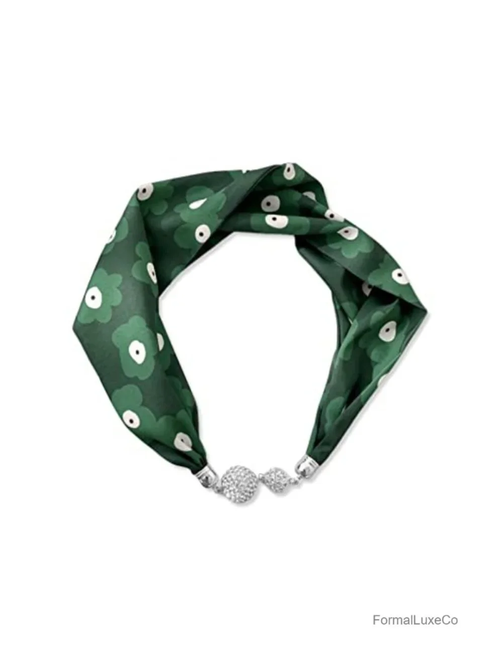Women Magnetic Silk Scarf Necklace with Rhinestone Buckle Fashion Neckerchief